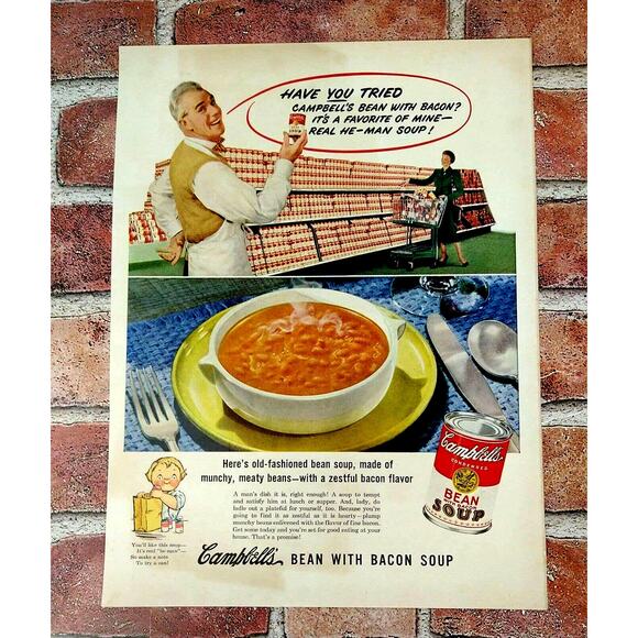Campbells Bean with Bacon Soup - Store Shelves -1950 Original Retro Vtg PRINT AD - Picture 1 of 9